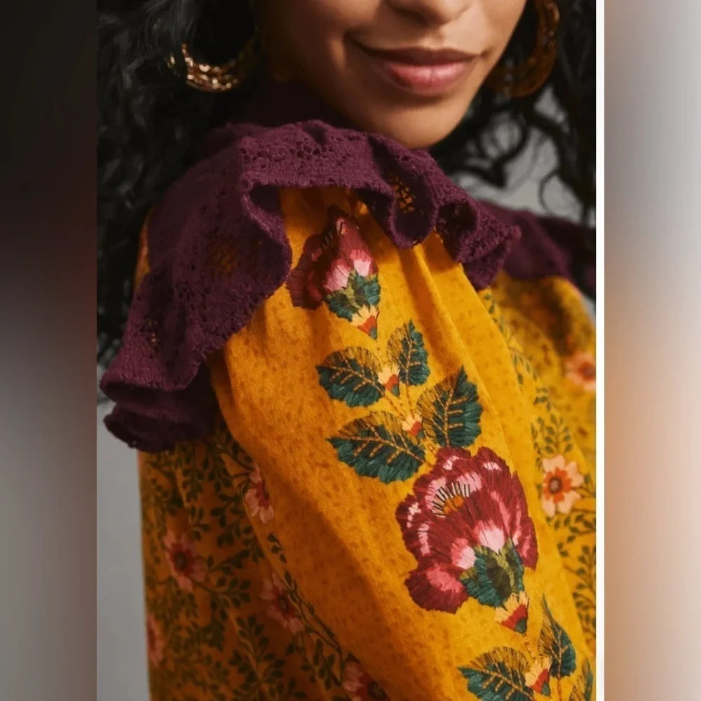 Farm Rio 100% cotton floral print lace bodice/collar ruffle floral print top. - Picture 10 of 10